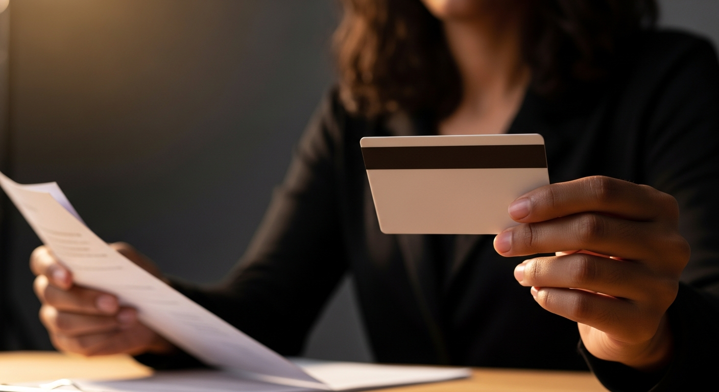 Mãos brasileiras segurando cartão de crédito genérico representando decisão sobre restrição financeira