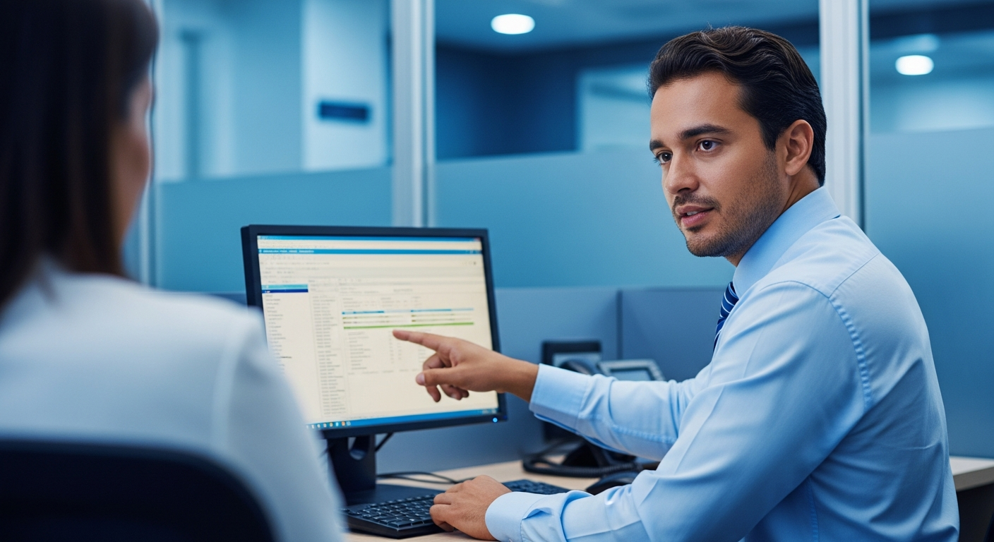 Gerente bancário brasileiro mostrando tela de computador a cliente em análise de crédito interna