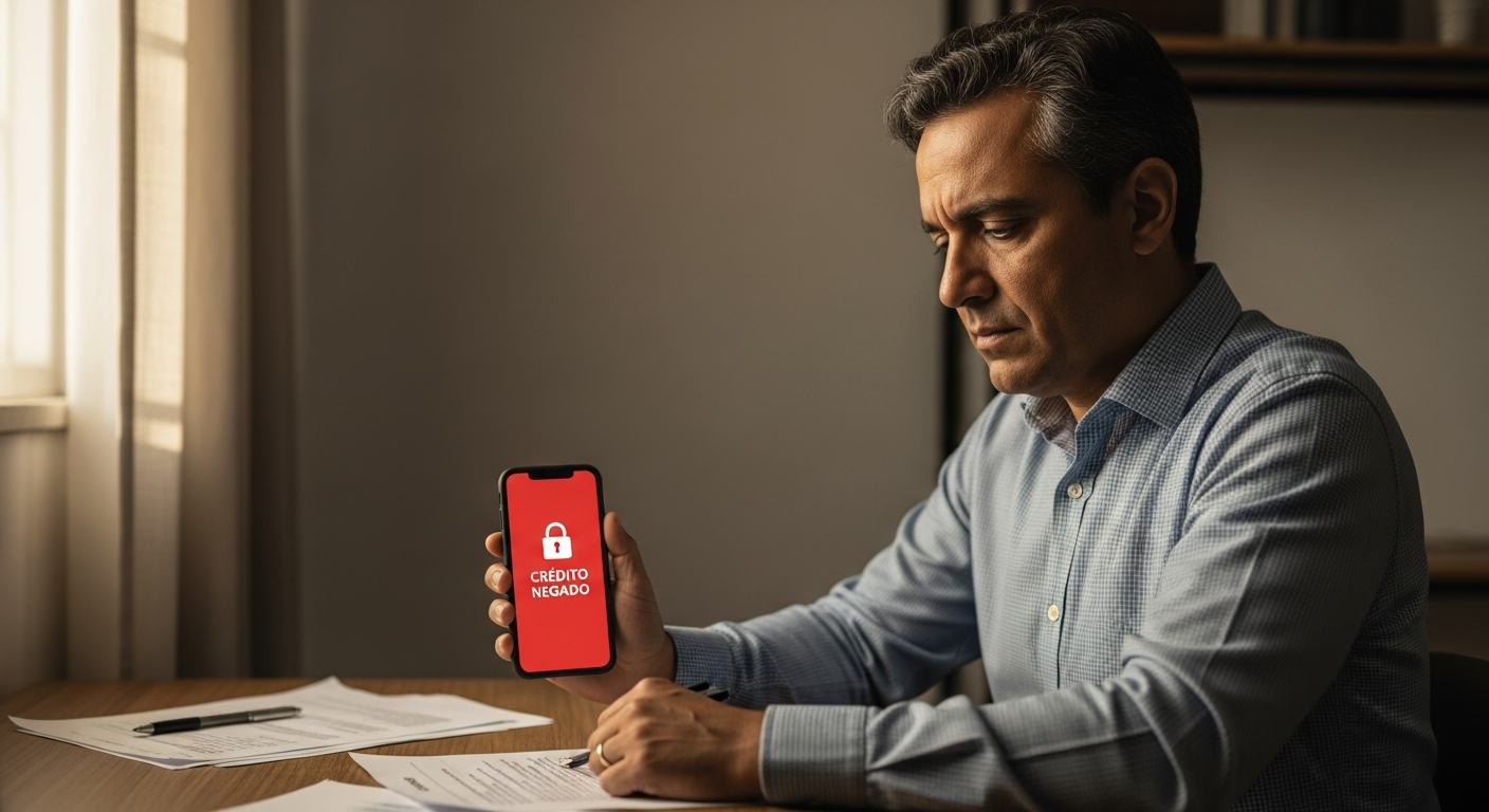 Homem brasileiro frustrado segurando celular com notificação de crédito negado em app bancário