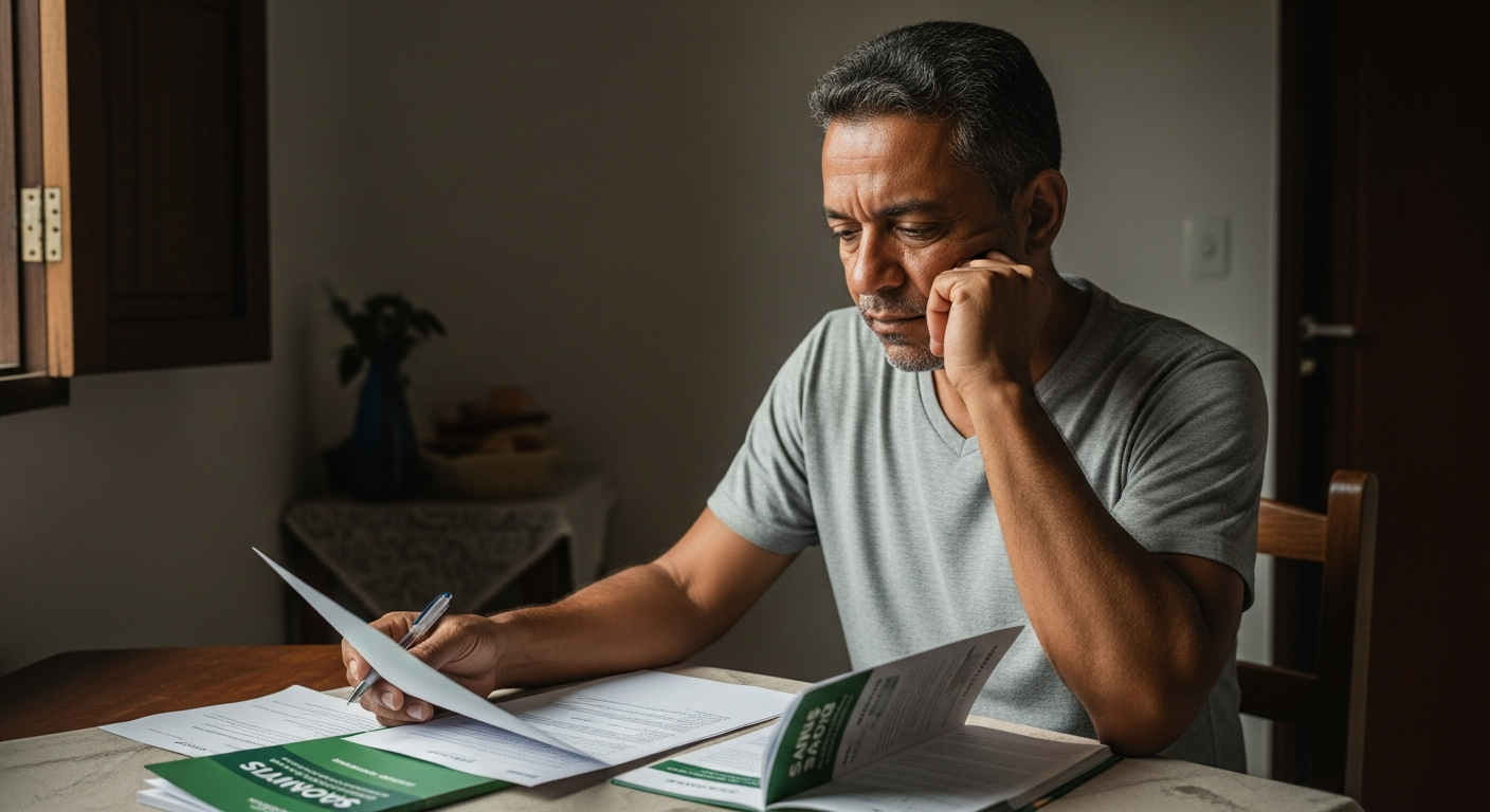 Homem brasileiro preocupado analisando documentos financeiros em casa antes de investir em negócio