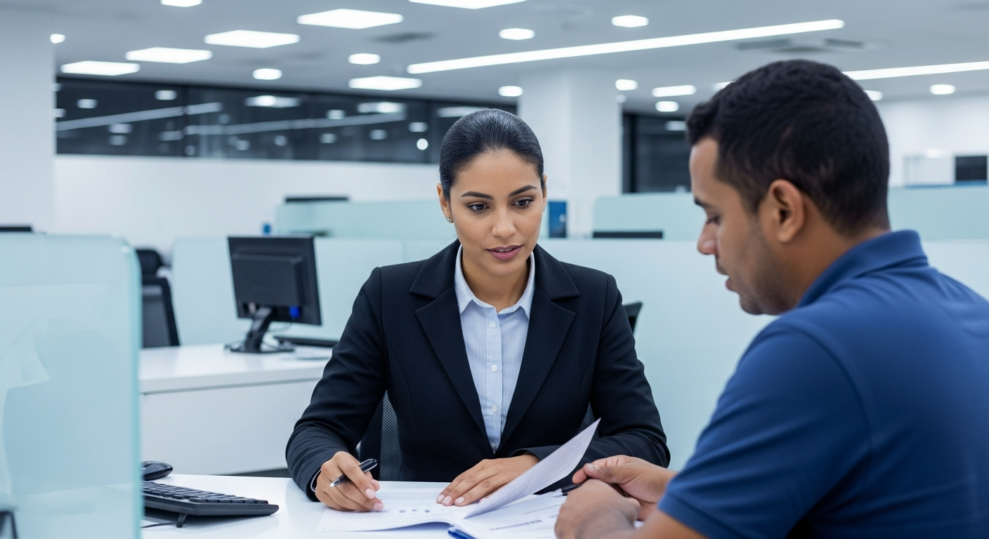 Gerente bancária brasileira reunida com cliente analisando linha de crédito para franquia