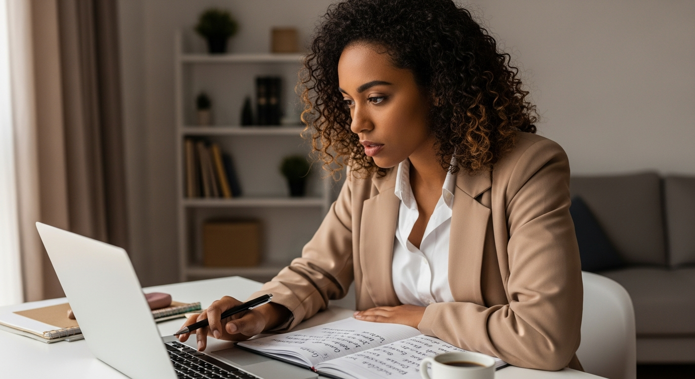Empreendedora brasileira no home office analisando perfil bancário e score de crédito no notebook