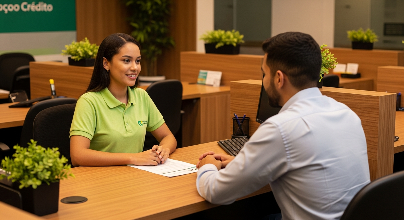 Atendente de cooperativa de crédito brasileira conversando com empresário associado em agência