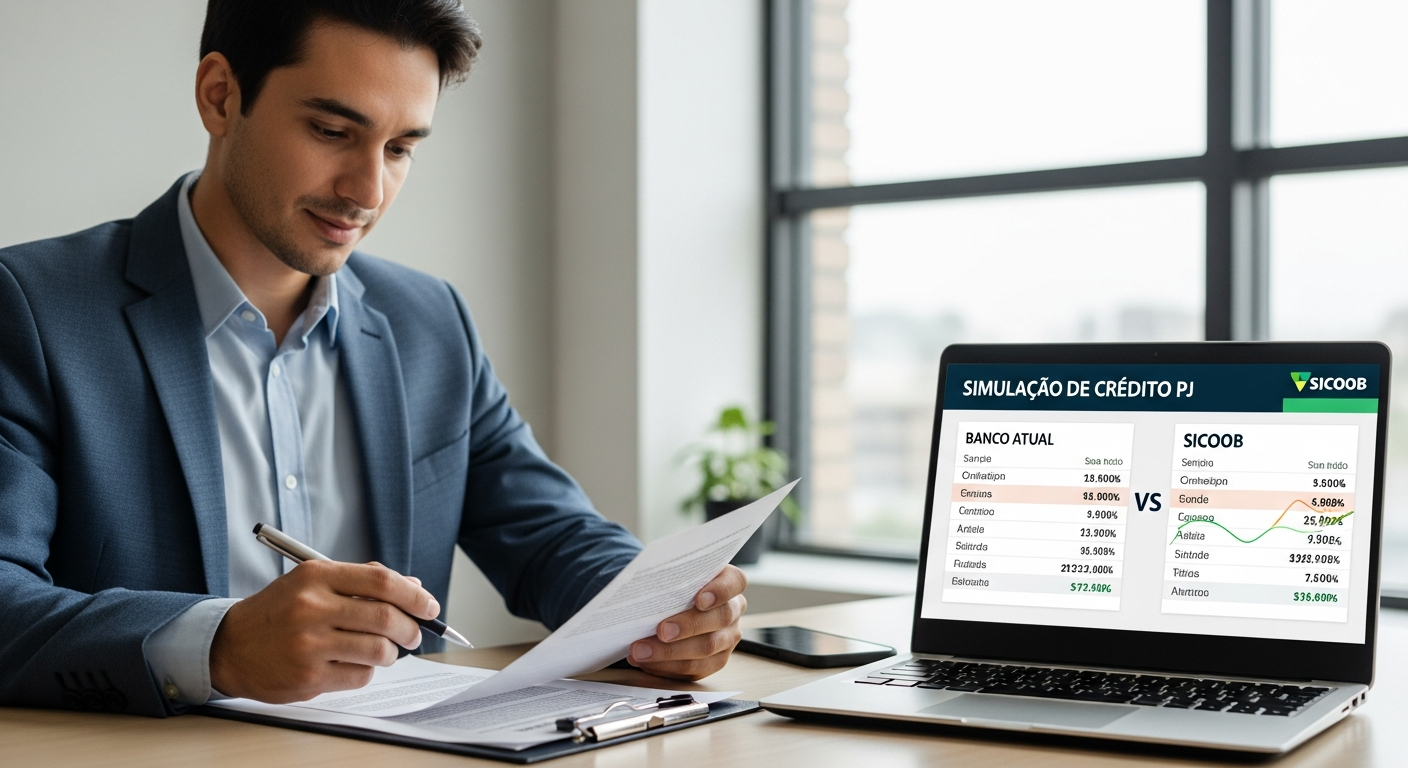 Empresário brasileiro revisando simulação de crédito PJ antes de assinar contrato com o Sicoob