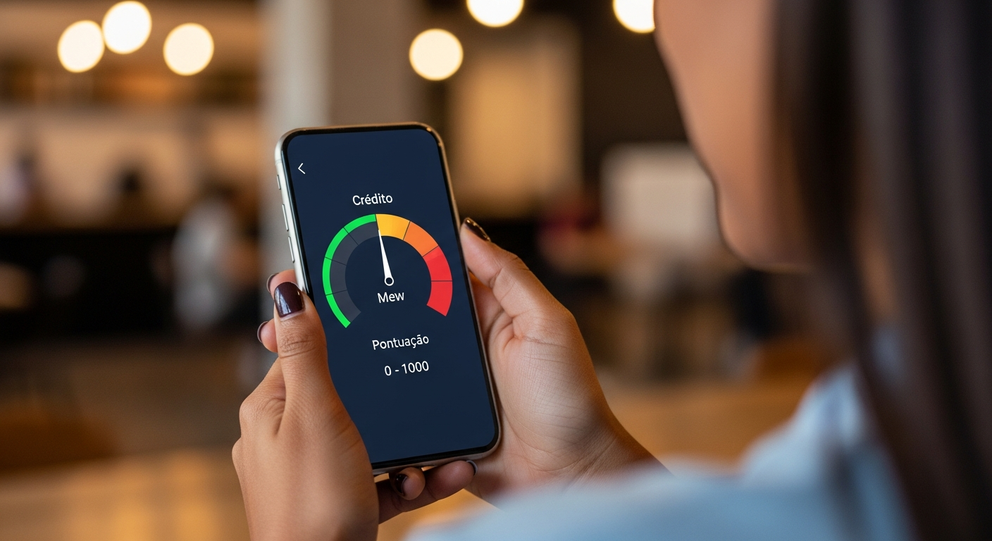 Mulher brasileira consultando score de crédito no smartphone — nome sujo depois de 5 anos