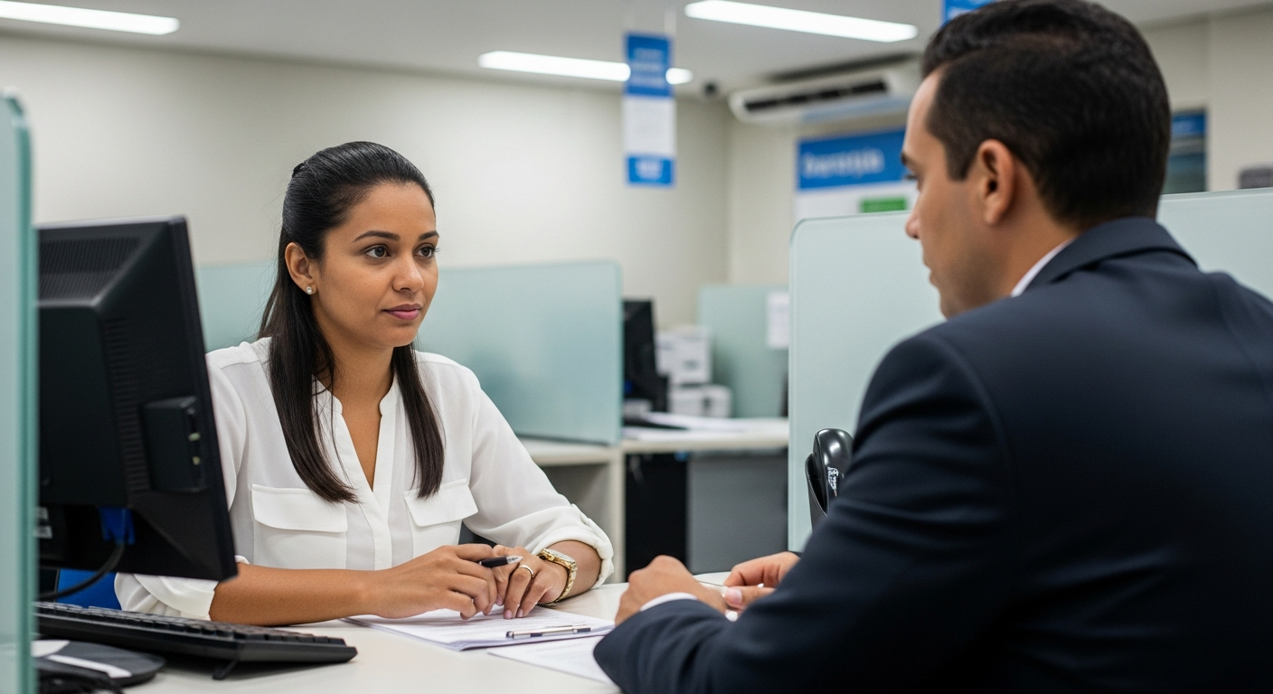 Mulher brasileira negociando dívida presencialmente em agência bancária para limpar o nome