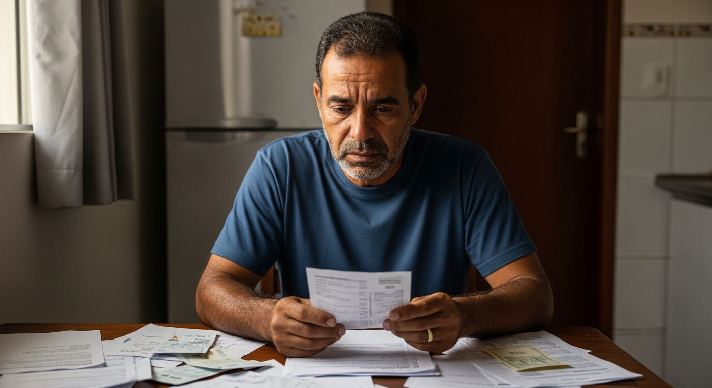 Homem brasileiro preocupado analisando boletos na mesa — dívida caduca após 5 anos