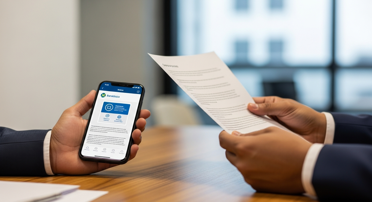 Mãos de trabalhador brasileiro segurando celular com simulação de crédito e documento de proposta recusada pelo banco