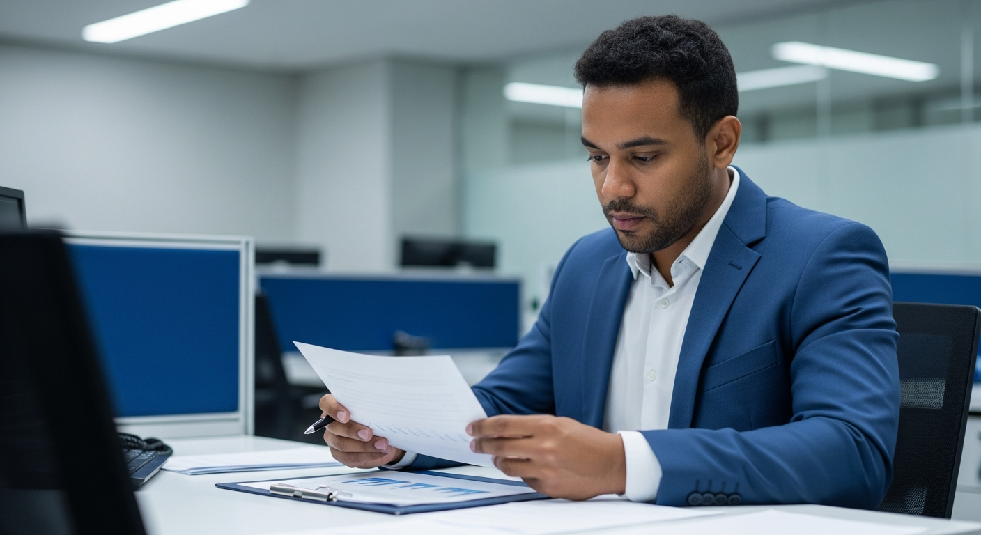 Analista bancário brasileiro revisando documentos de análise de crédito interno — rating bancário para consignado CLT