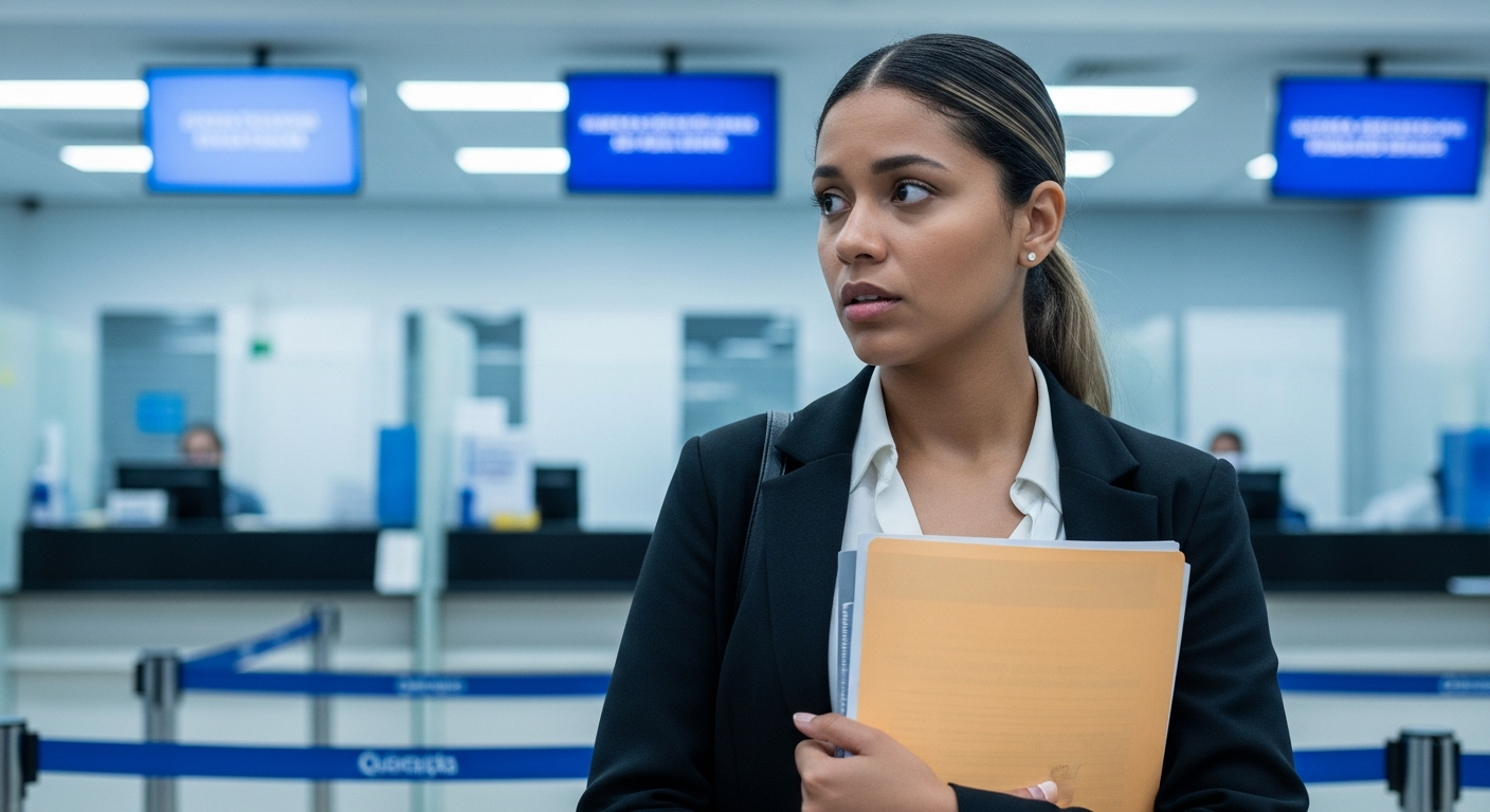 Mulher MEI aguardando atendimento em agência bancária brasileira com documentos na mão