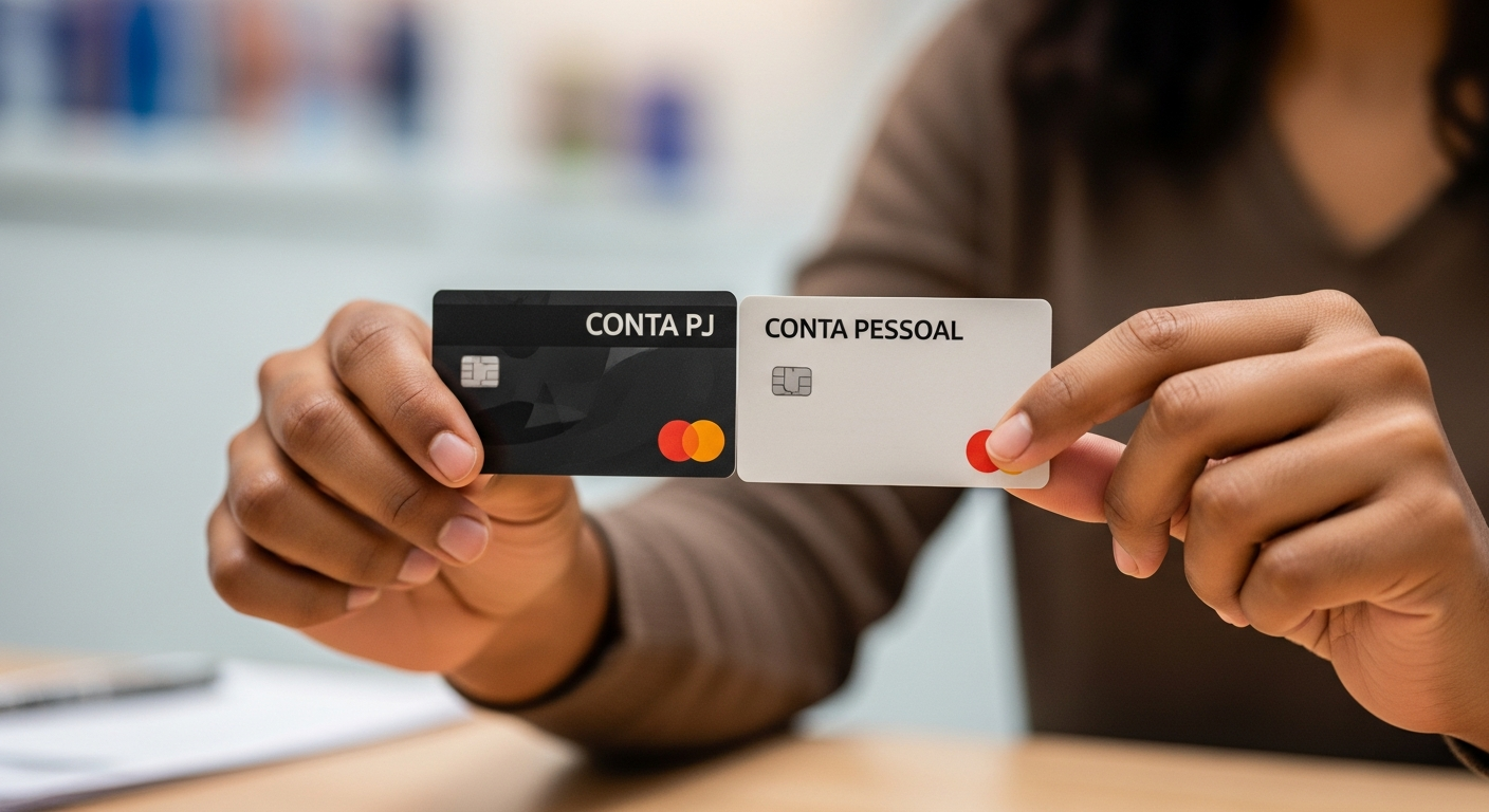 Mãos segurando cartão PJ e cartão pessoal — confusão patrimonial no MEI