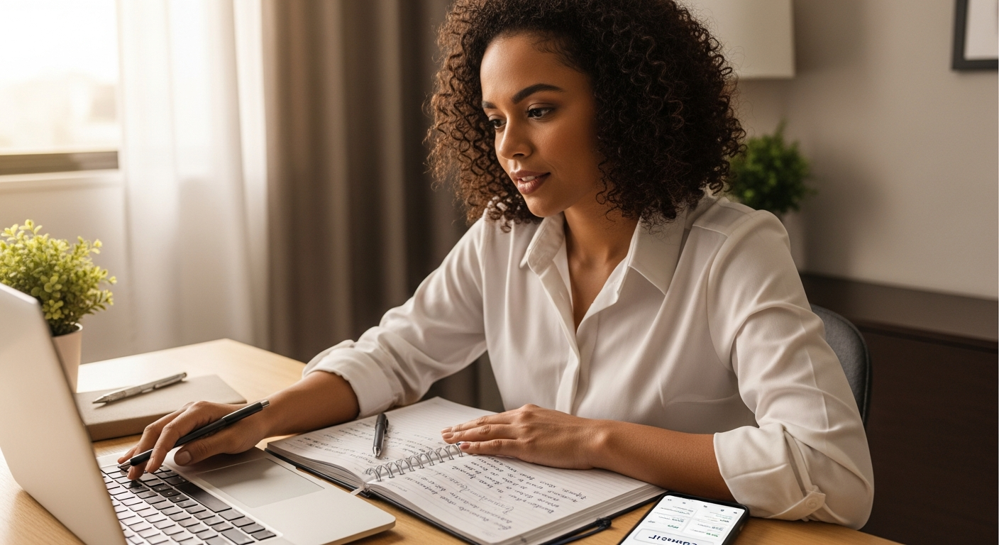 Empreendedora brasileira organizando finanças do MEI em home office com notebook e caderno