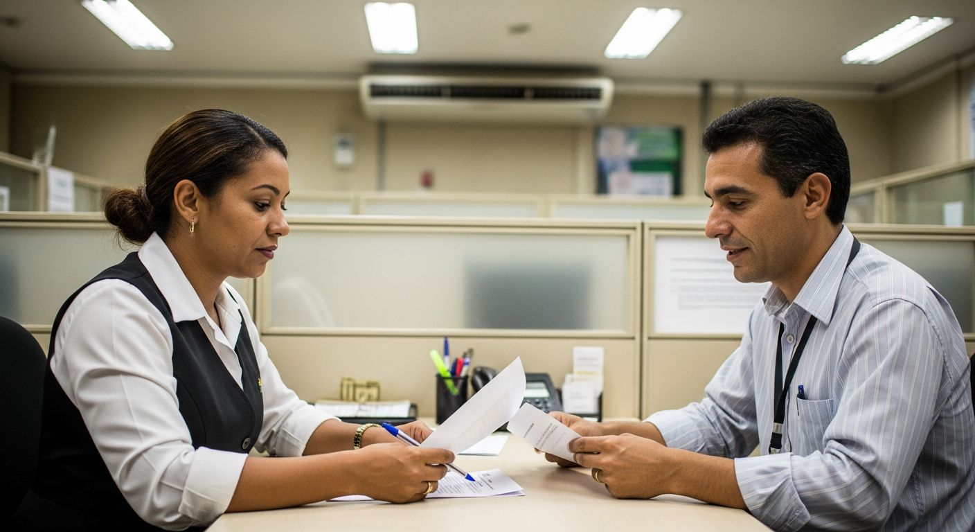 Mulher brasileira em atendimento presencial com gerente de banco físico, discutindo documentos para solicitação de crédito pessoal