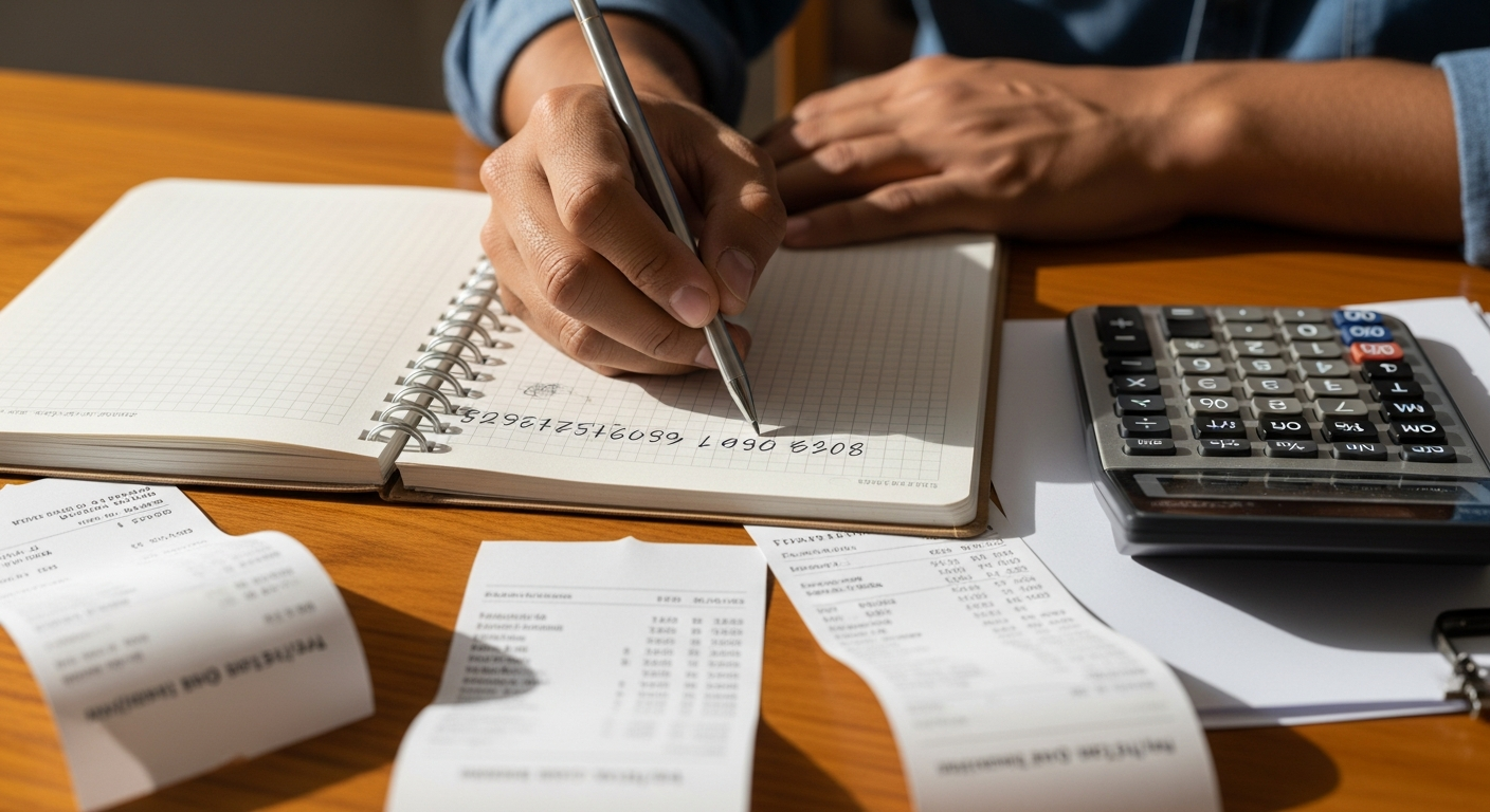 Mãos fazendo cálculos manuscritos em caderno com calculadora e contracheques, representando cálculo de capacidade de pagamento mensal