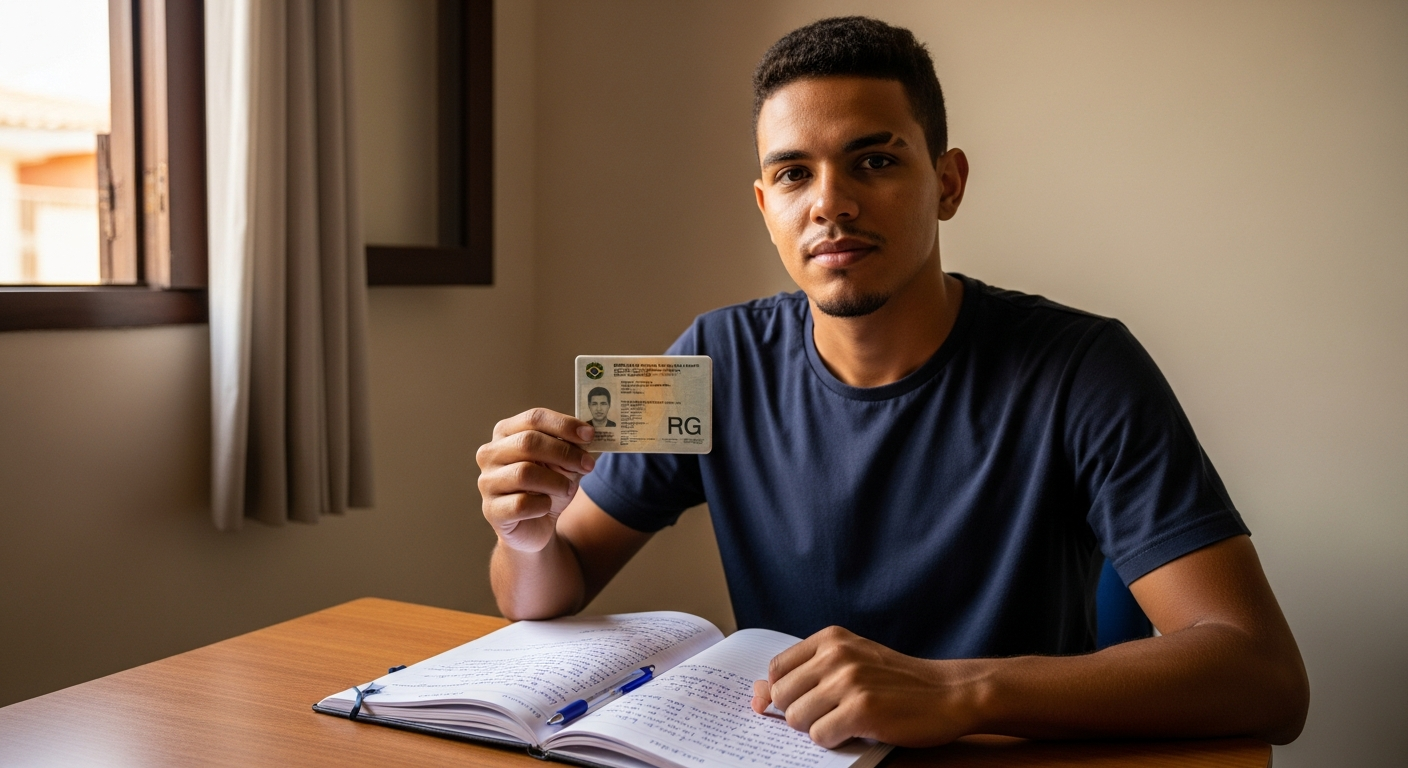 Homem brasileiro jovem segura documento de identidade com confiança em escritório simples, representando empréstimo sem CNPJ usando CPF