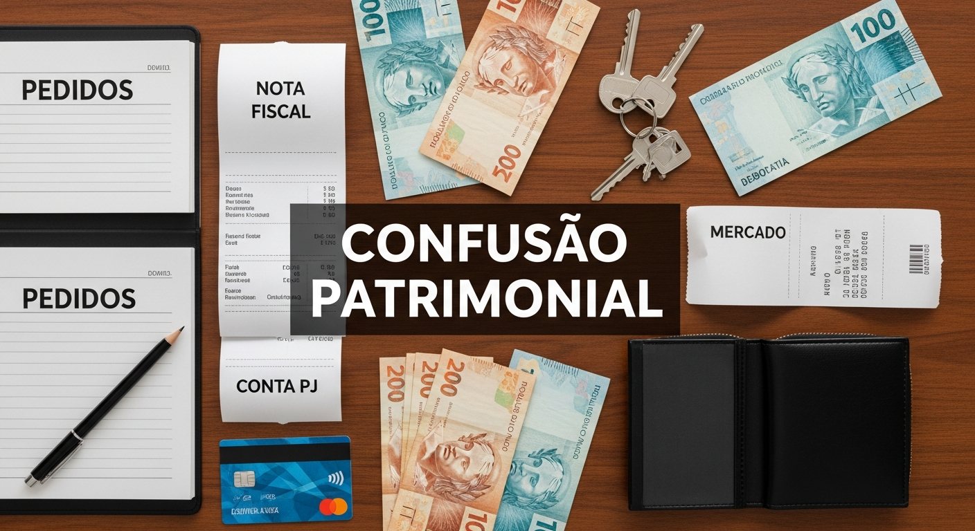 Vista de cima mostrando mistura de itens pessoais e empresariais com dinheiro real sobre mesa