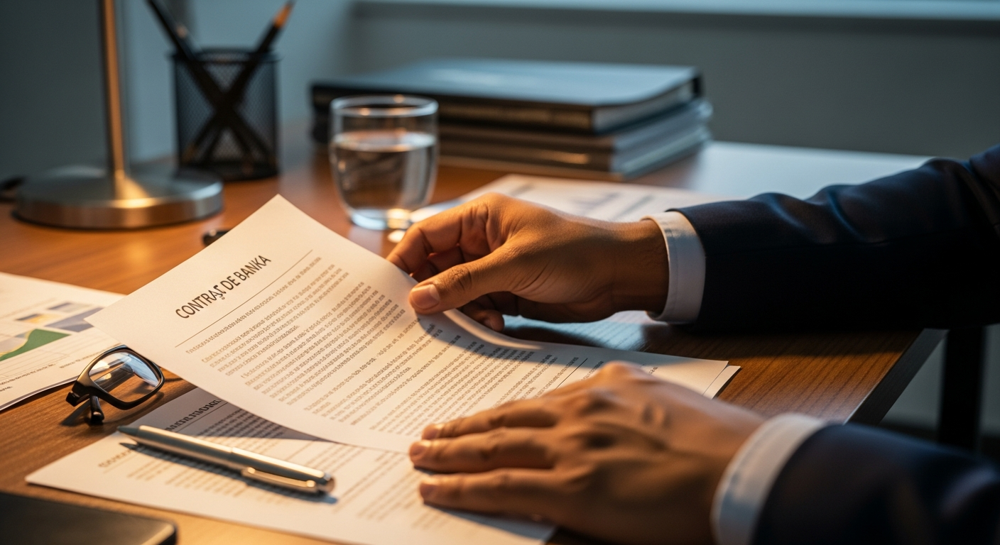 Empresário brasileiro lendo contrato bancário antes de assinar — verificação de CET e cláusulas em operação de crédito PJ