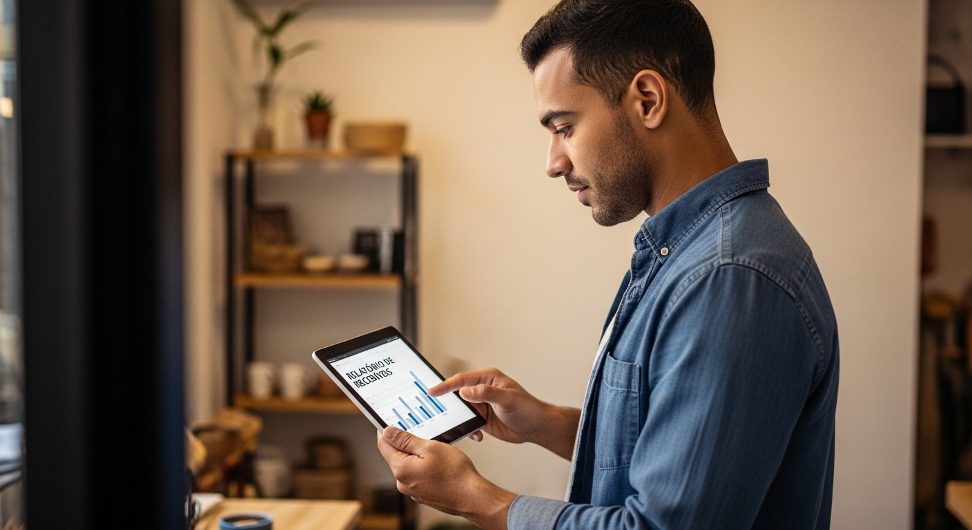 Empresário brasileiro analisando relatório de recebíveis no tablet em seu negócio — como usar recebíveis para crédito PJ
