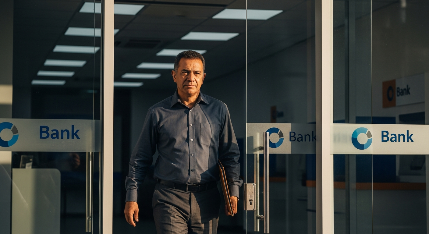 Empresário brasileiro saindo de agência bancária com pasta de documentos após reunião frustrada sobre crédito