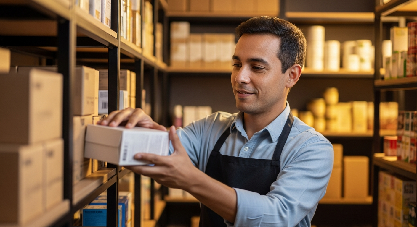 Empresário brasileiro organizando estoque após crédito produtivo — retorno sobre capital FAMPE