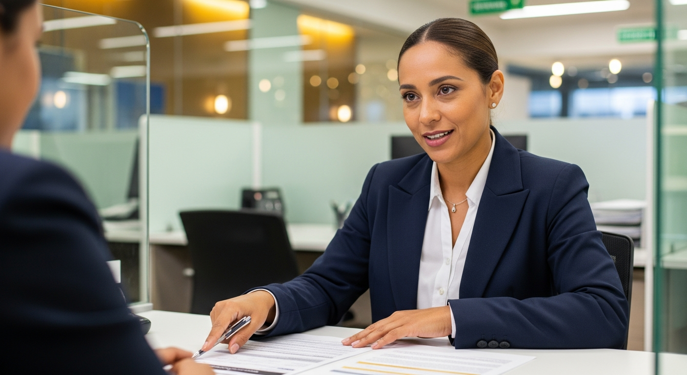Gerente bancária brasileira explicando condições do FAMPE SEBRAE a empresário em agência