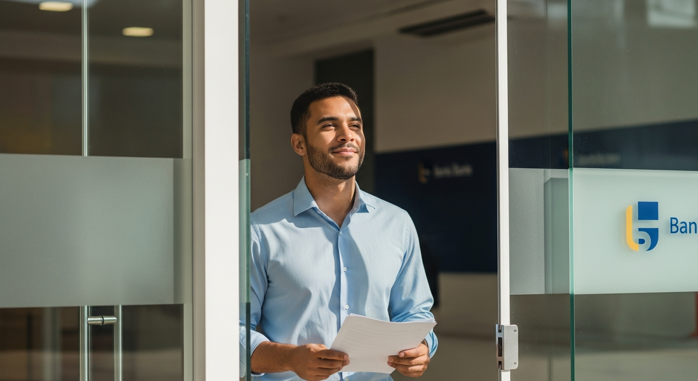 Empresário brasileiro saindo do banco com crédito FAMPE aprovado — solicitação bem-sucedida