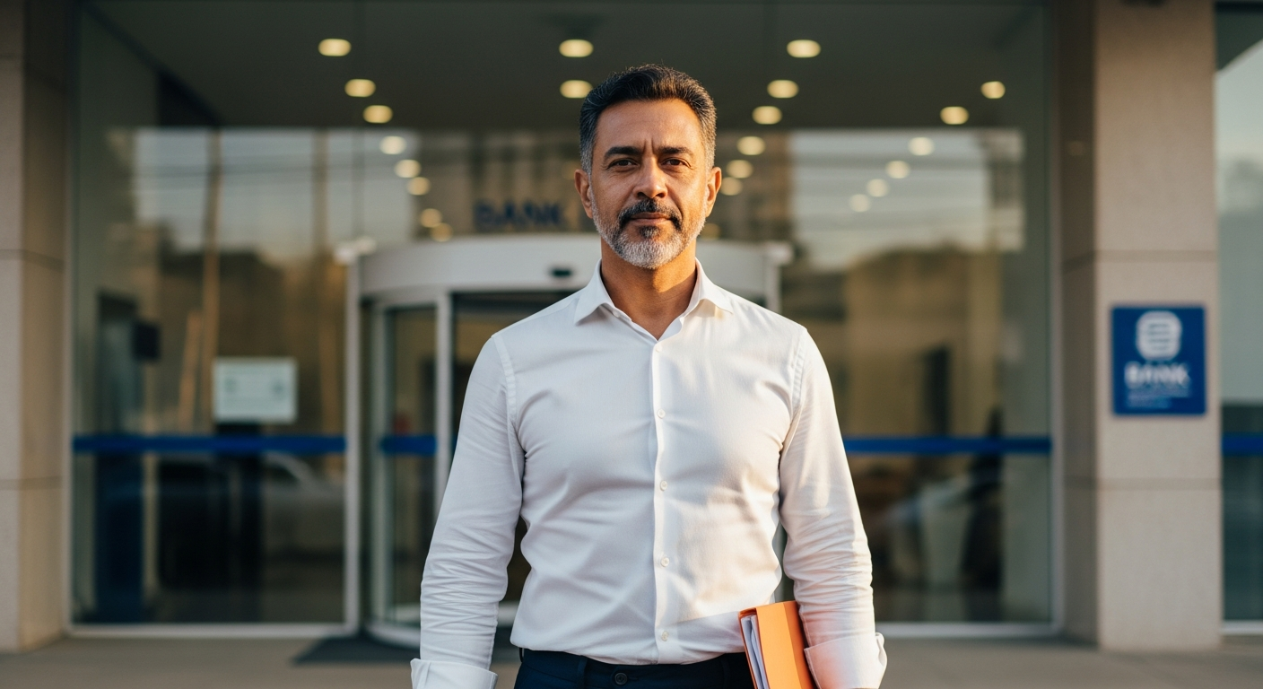 Empresário brasileiro confiante em frente a agência bancária com documentos — acesso ao FAMPE SEBRAE