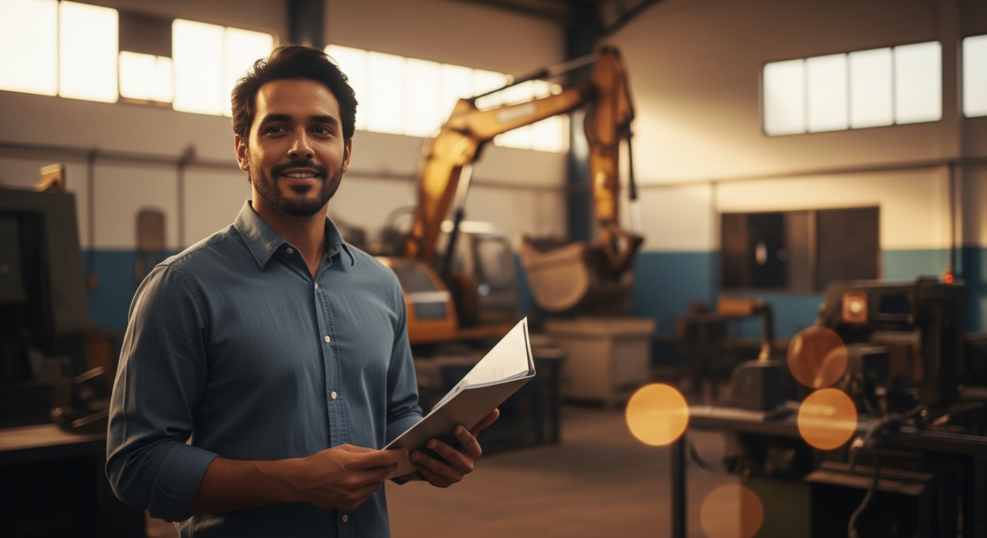 Empresário brasileiro em oficina industrial segurando documentos para financiamento de máquinas e equipamentos
