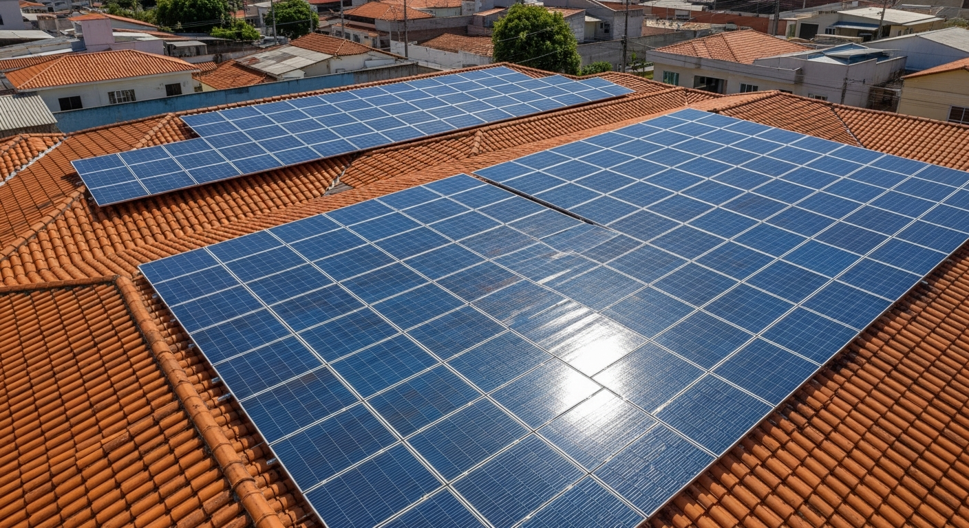 Vista aérea de telhado residencial com painéis solares fotovoltaicos instalados em bairro brasileiro