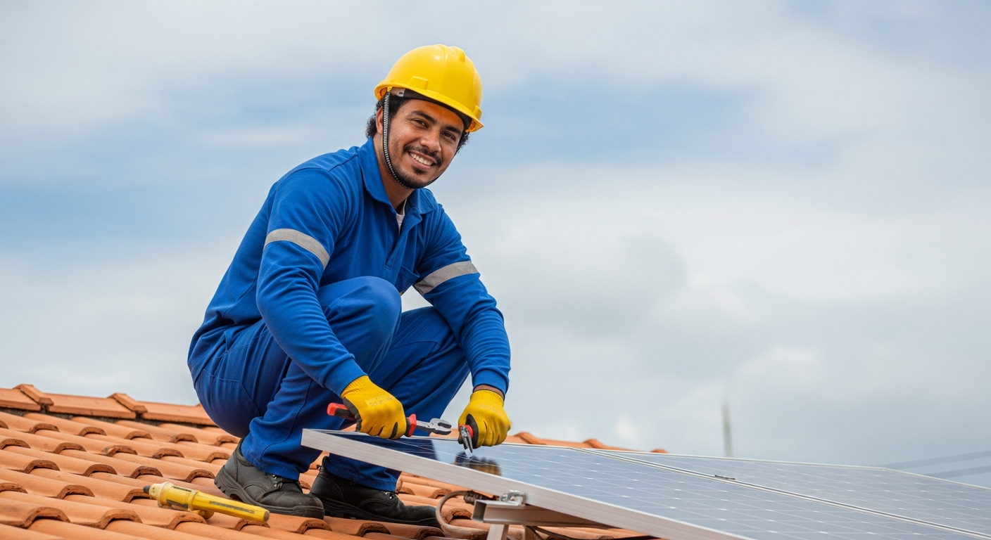Técnico brasileiro instala painel solar fotovoltaico em telhado residencial com equipamentos de segurança