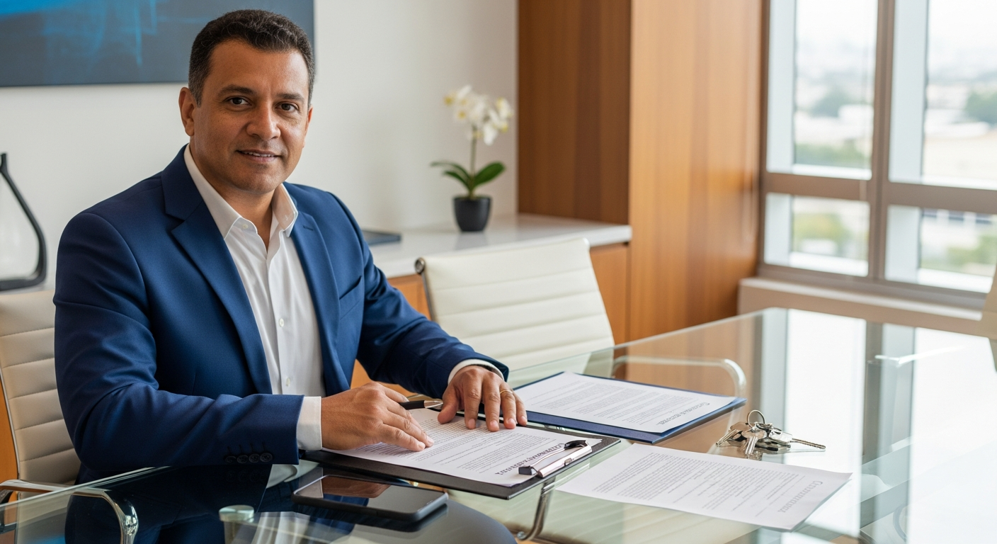 Empresário brasileiro analisa contrato de garantia bancária com documentos e chaves de imóvel sobre mesa corporativa