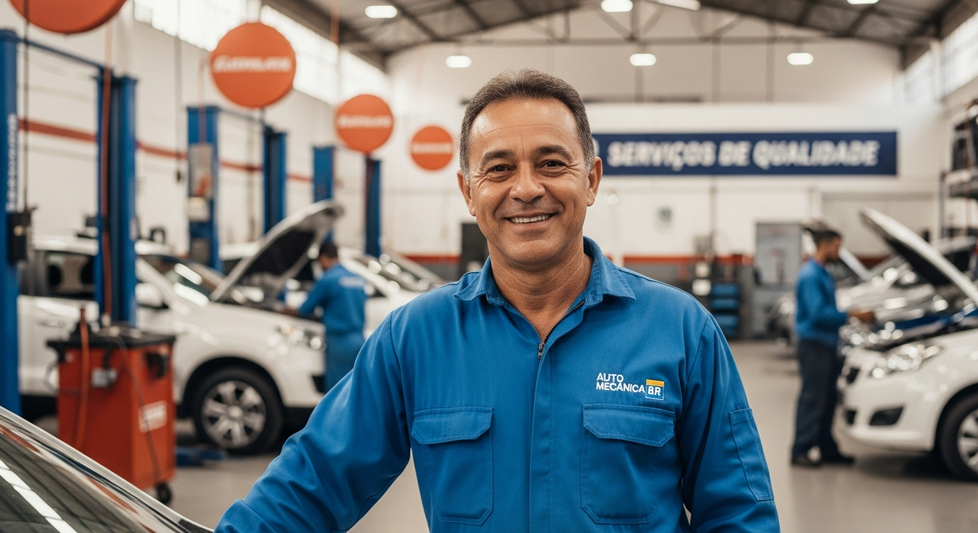 Dono de oficina mecânica brasileiro sorridente em frente ao negócio expandido após acesso a crédito empresarial