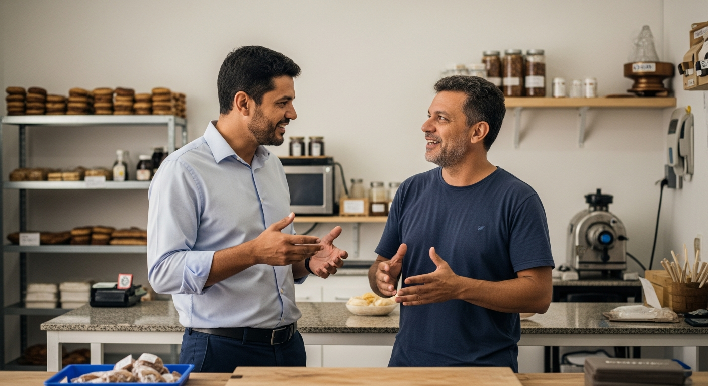 Gerente de banco pessoa jurídica visitando empresa de cliente, conversando com empresário brasileiro dentro do negócio