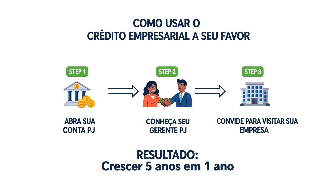 Infográfico com os três passos para usar o relacionamento com o gerente de banco pessoa jurídica e acessar crédito empresarial