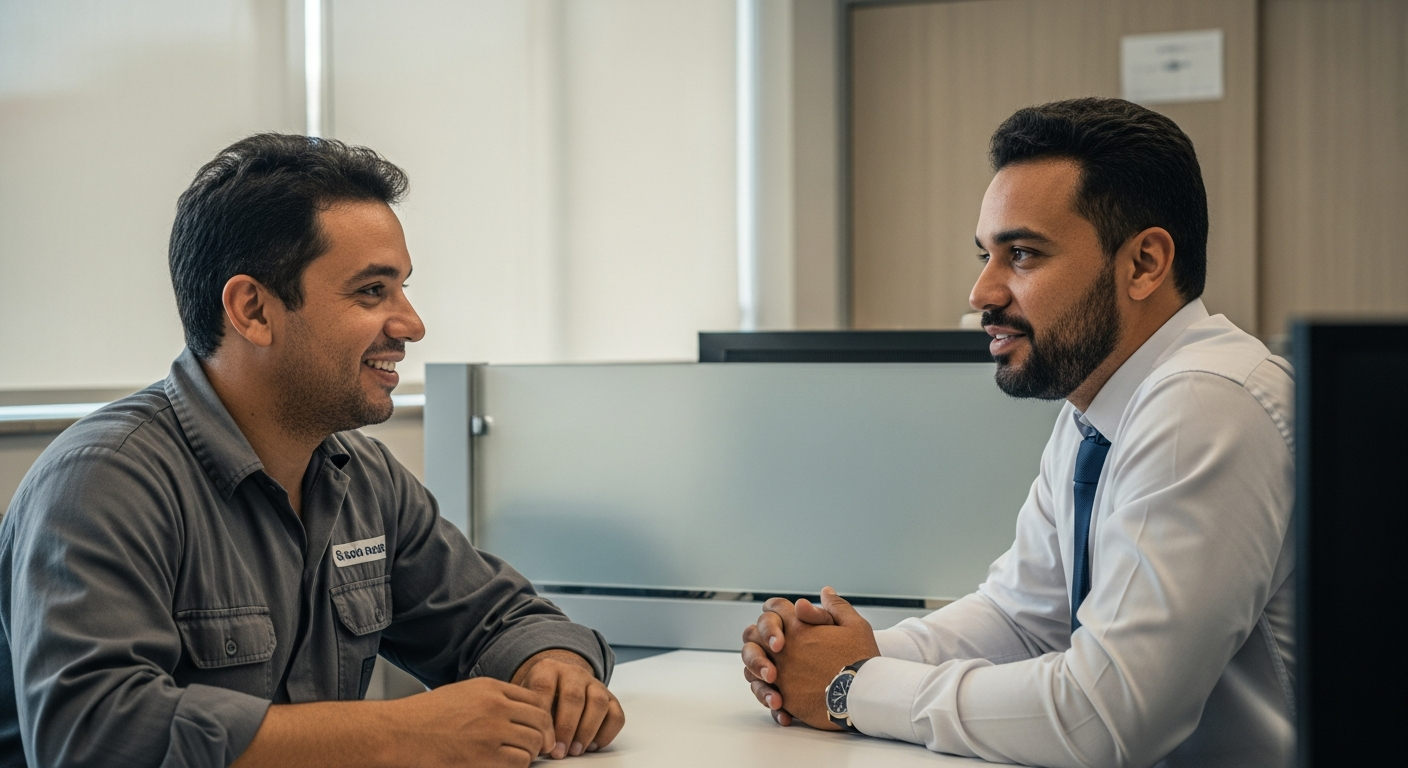 Empresário brasileiro com uniforme de trabalho sendo atendido com atenção por gerente de banco pessoa jurídica