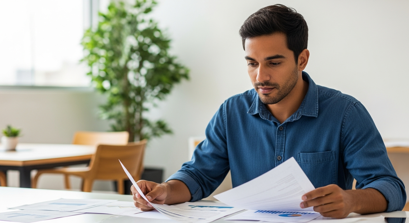 Homem brasileiro analisando documentos de crédito bancário em escritório, comparando taxas de home equity