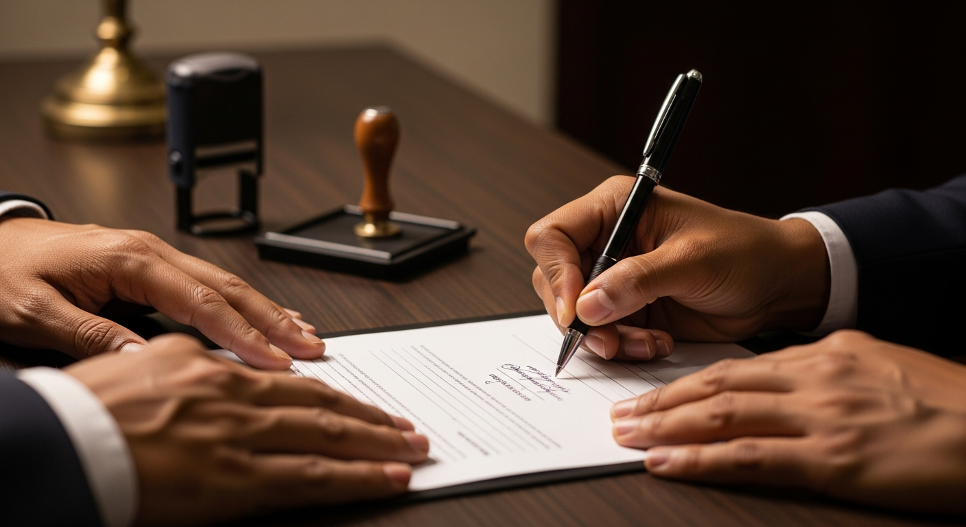 Mãos assinando contrato em cartório para alienação fiduciária de imóvel no home equity