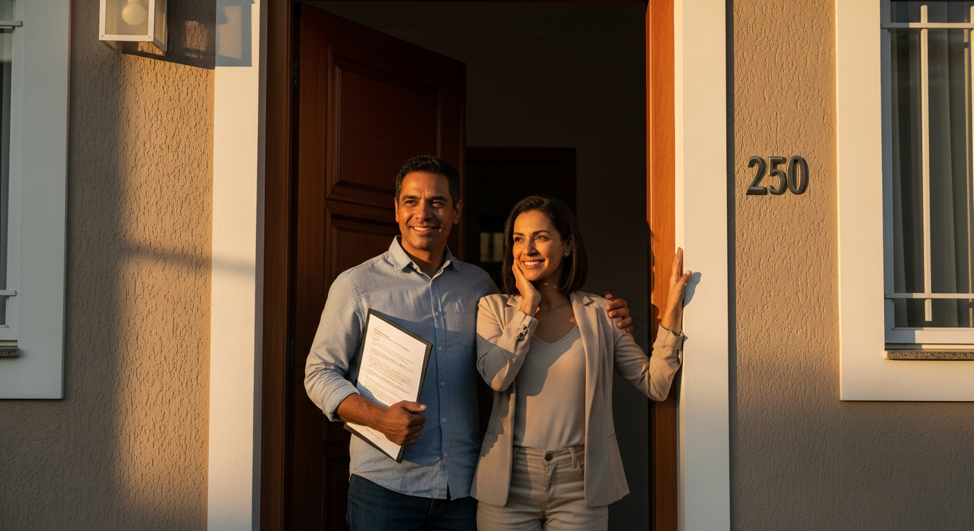 Casal brasileiro na frente de casa própria quitada, representando crédito com garantia de imóvel home equity