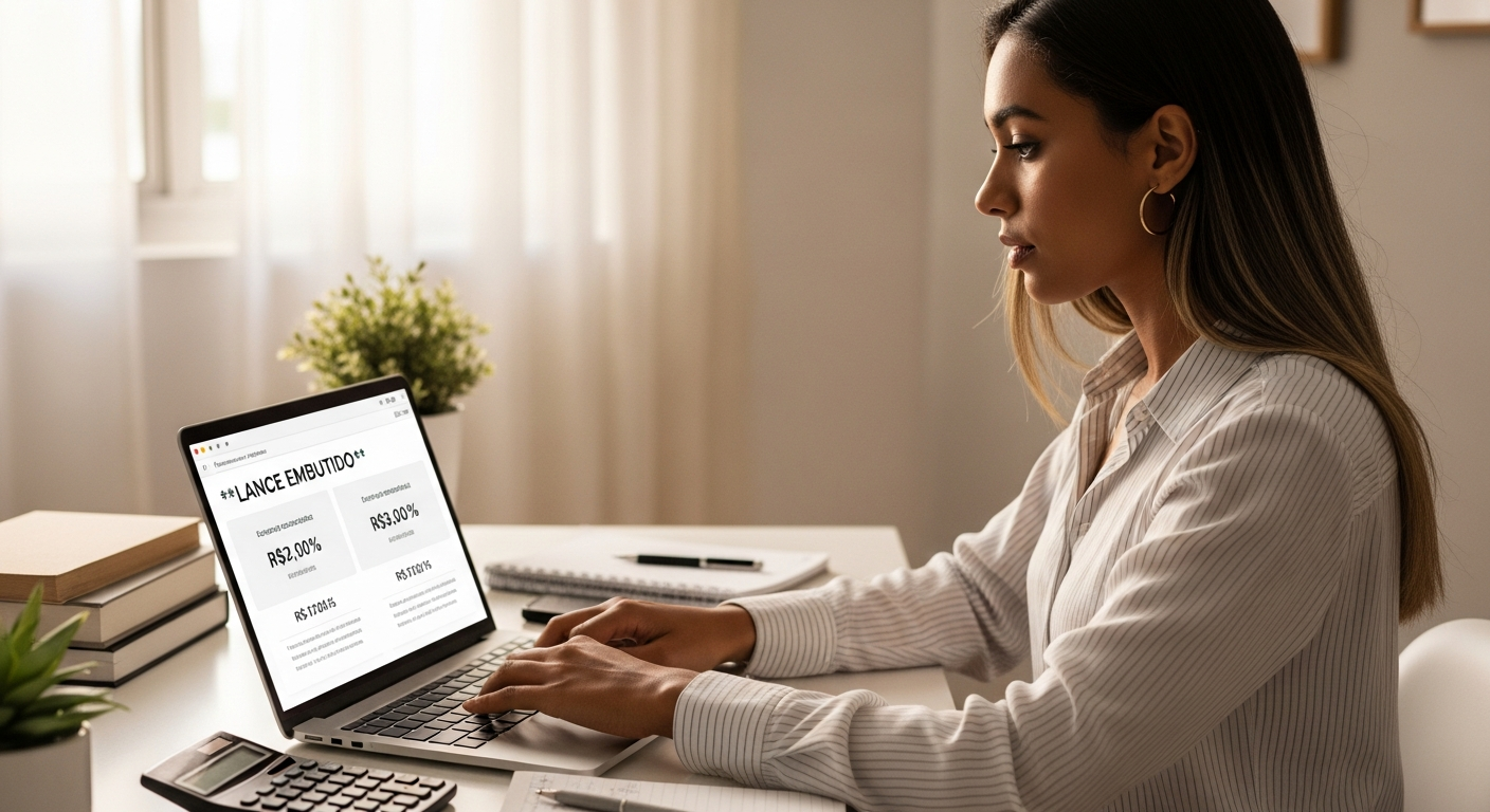 Mulher brasileira registrando lance embutido no consórcio pelo sistema online da administradora