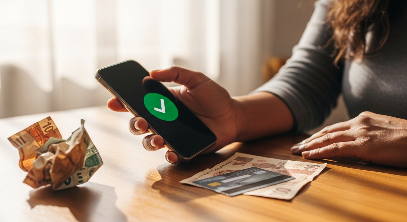 Mão brasileira segura celular com check verde enquanto boleto e cartão recusado estão na mesa