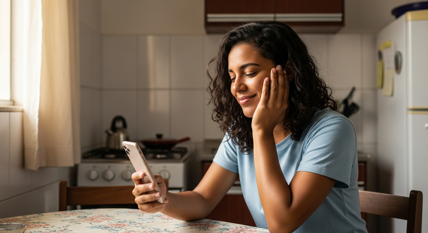 Mulher brasileira aliviada com celular após quitar dívida com desconto no Serasa sem saber das consequências