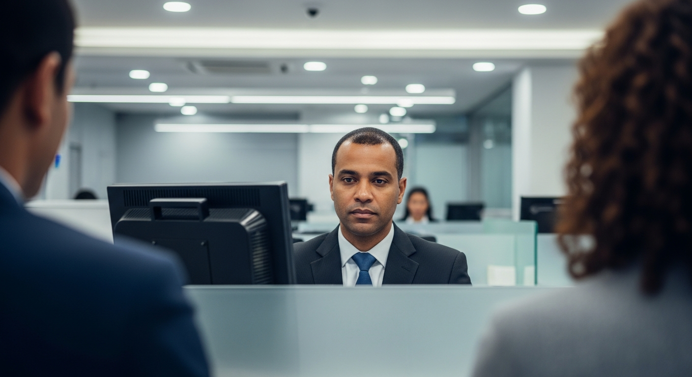 Gerente bancário brasileiro analisando dados do cliente no computador dentro de agência moderna