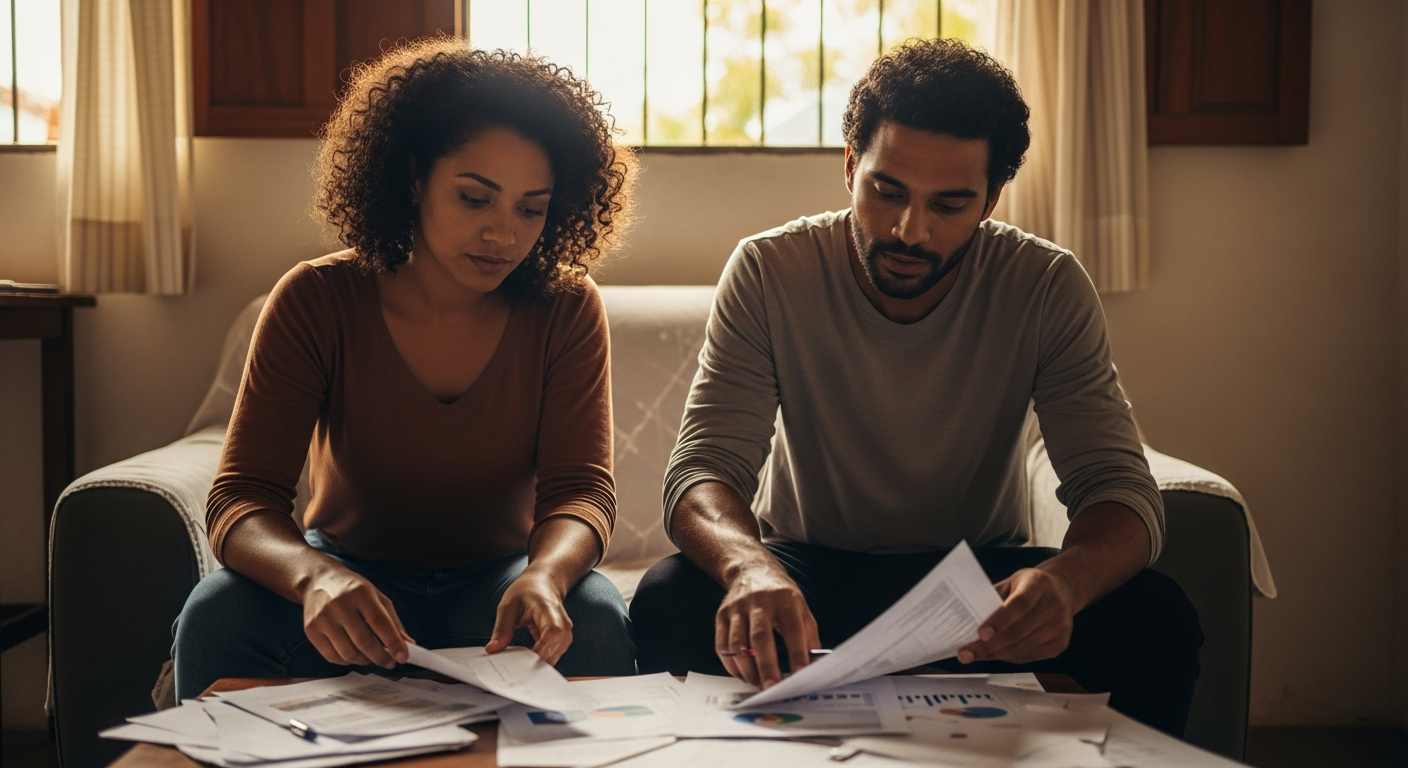 Casal brasileiro organizando documentos financeiros em casa para regularizar situação bancária e recuperar crédito