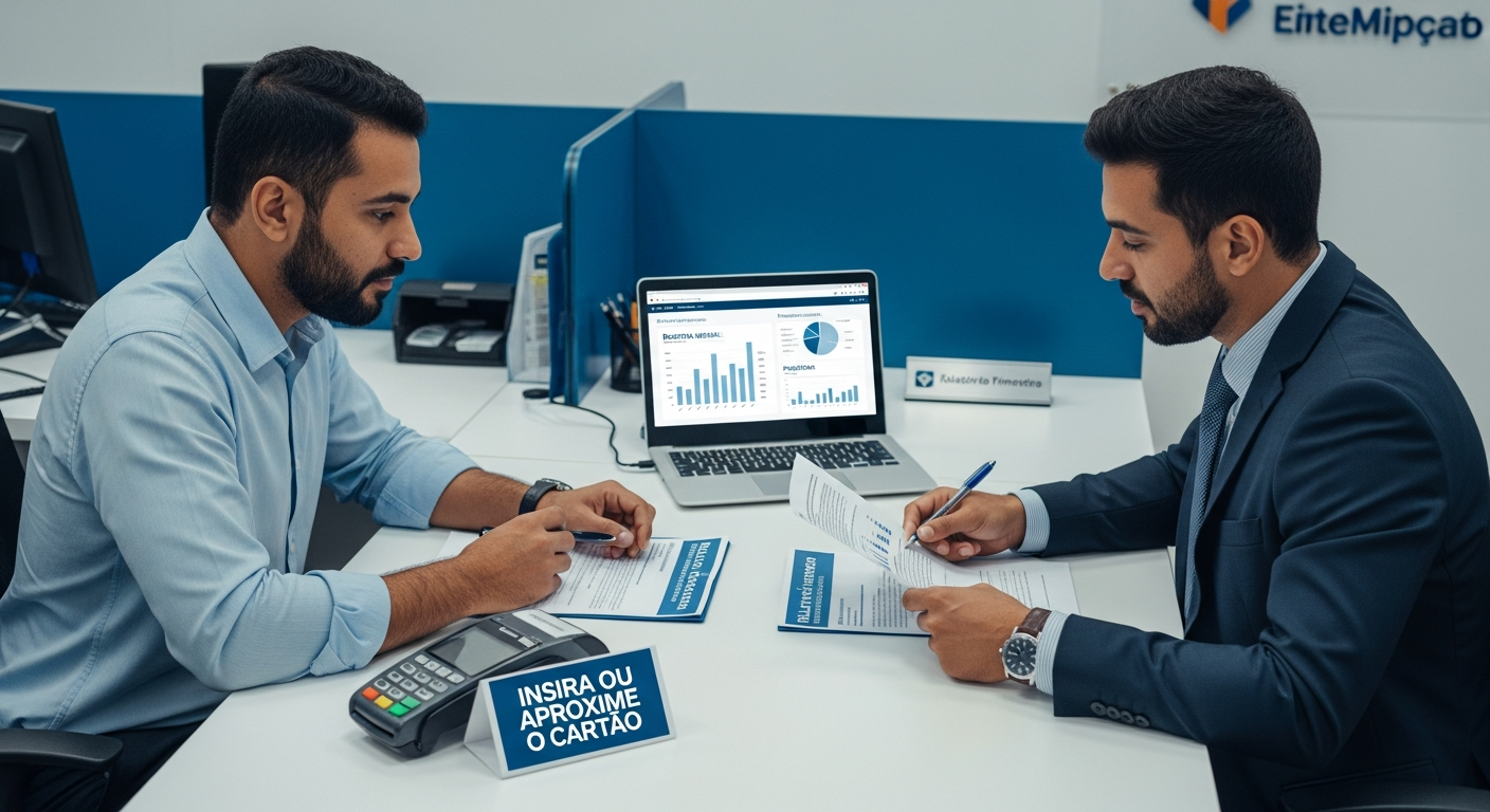 Empresário e gerente bancário brasileiro analisando documentos com maquineta sobre mesa, reunião de crédito para CNPJ