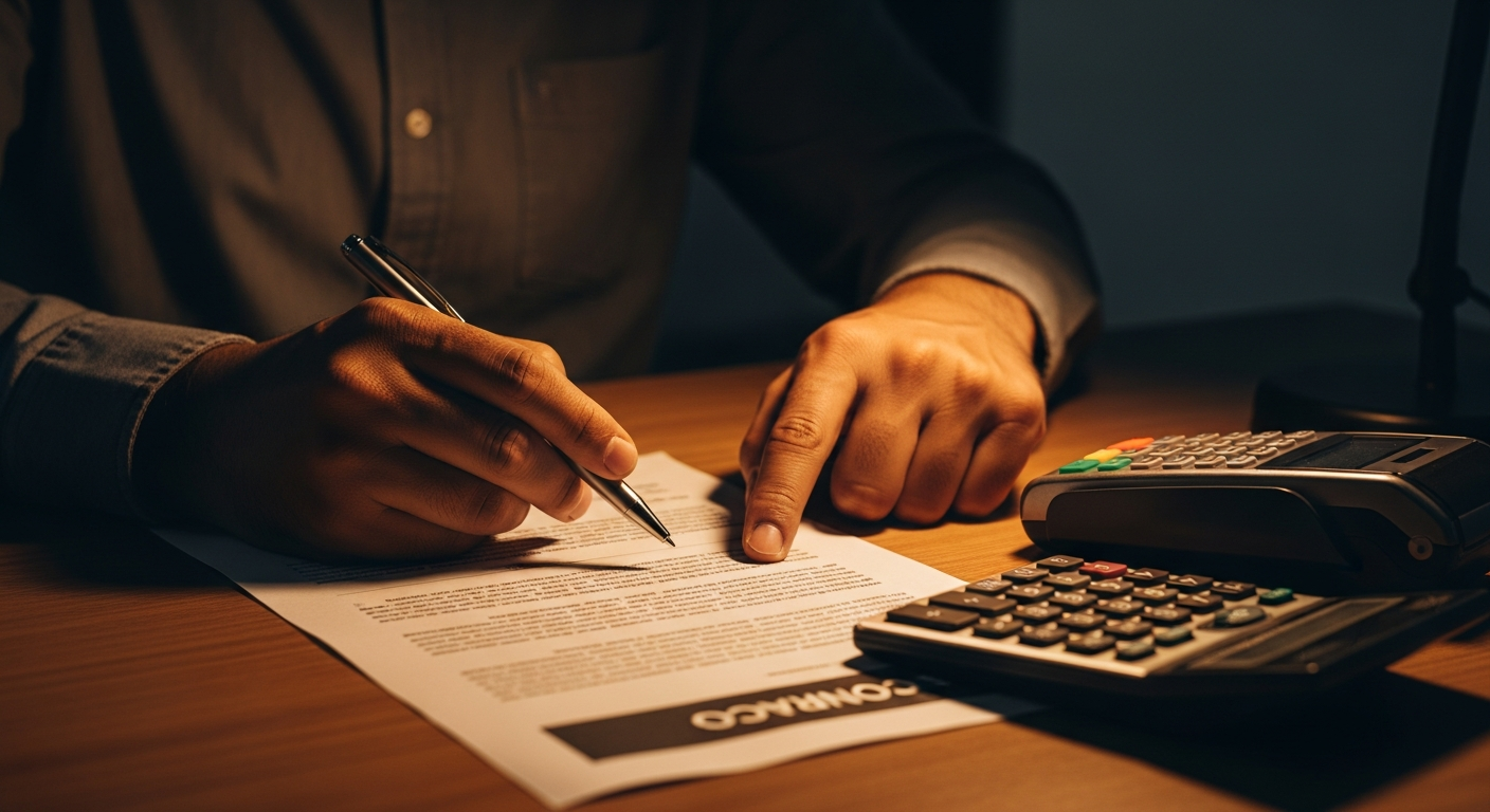 Mãos de empresário apontando para cláusula de contrato de maquineta com calculadora ao lado, análise de custo real