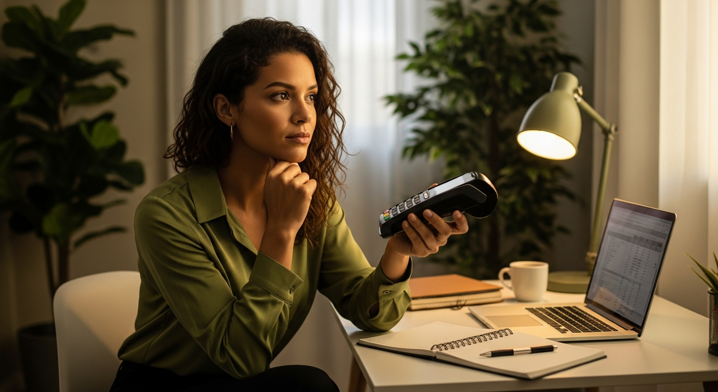 Empresária brasileira analisando maquineta de cartão com notebook e caderno sobre mesa, decisão de escolha para CNPJ