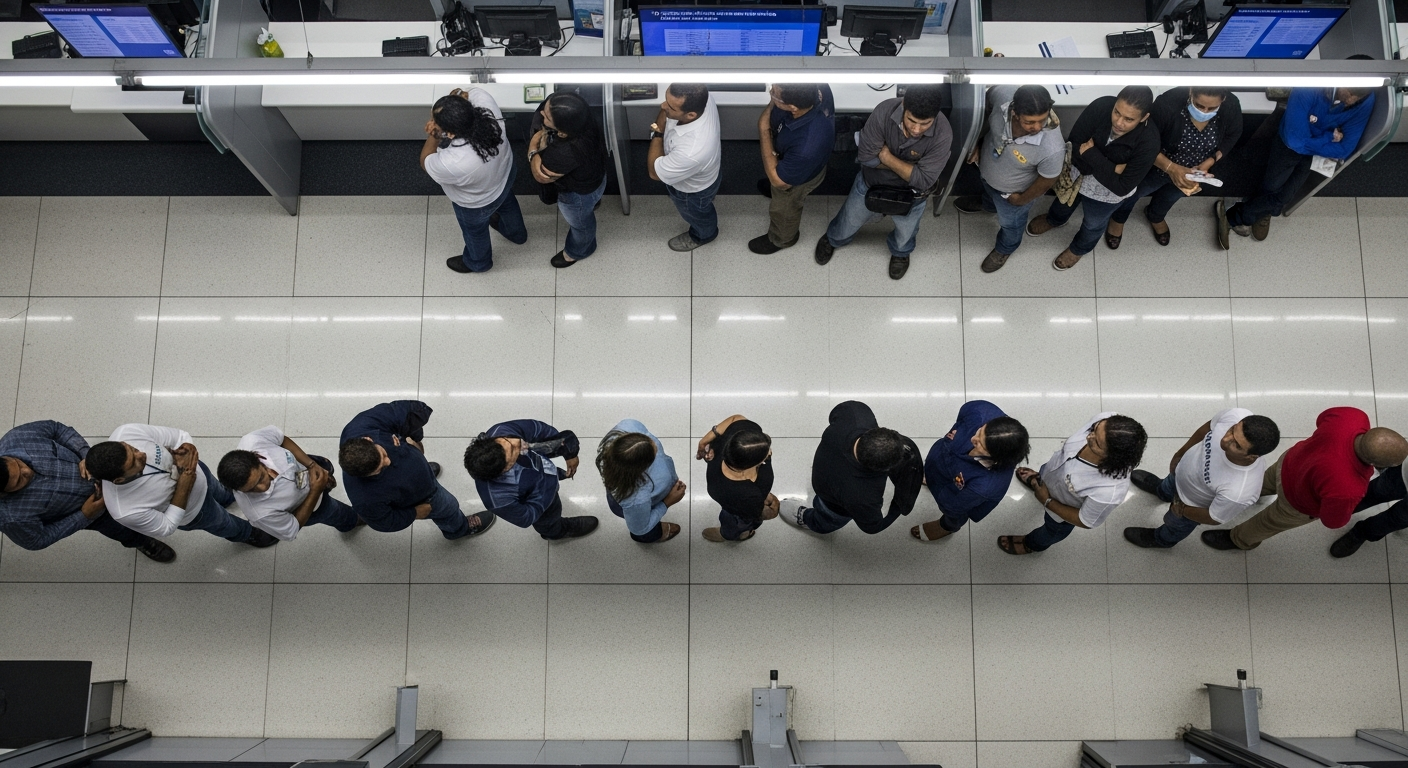 Fila uniforme em agência bancária brasileira representando como bancos avaliam MEIs de forma padronizada