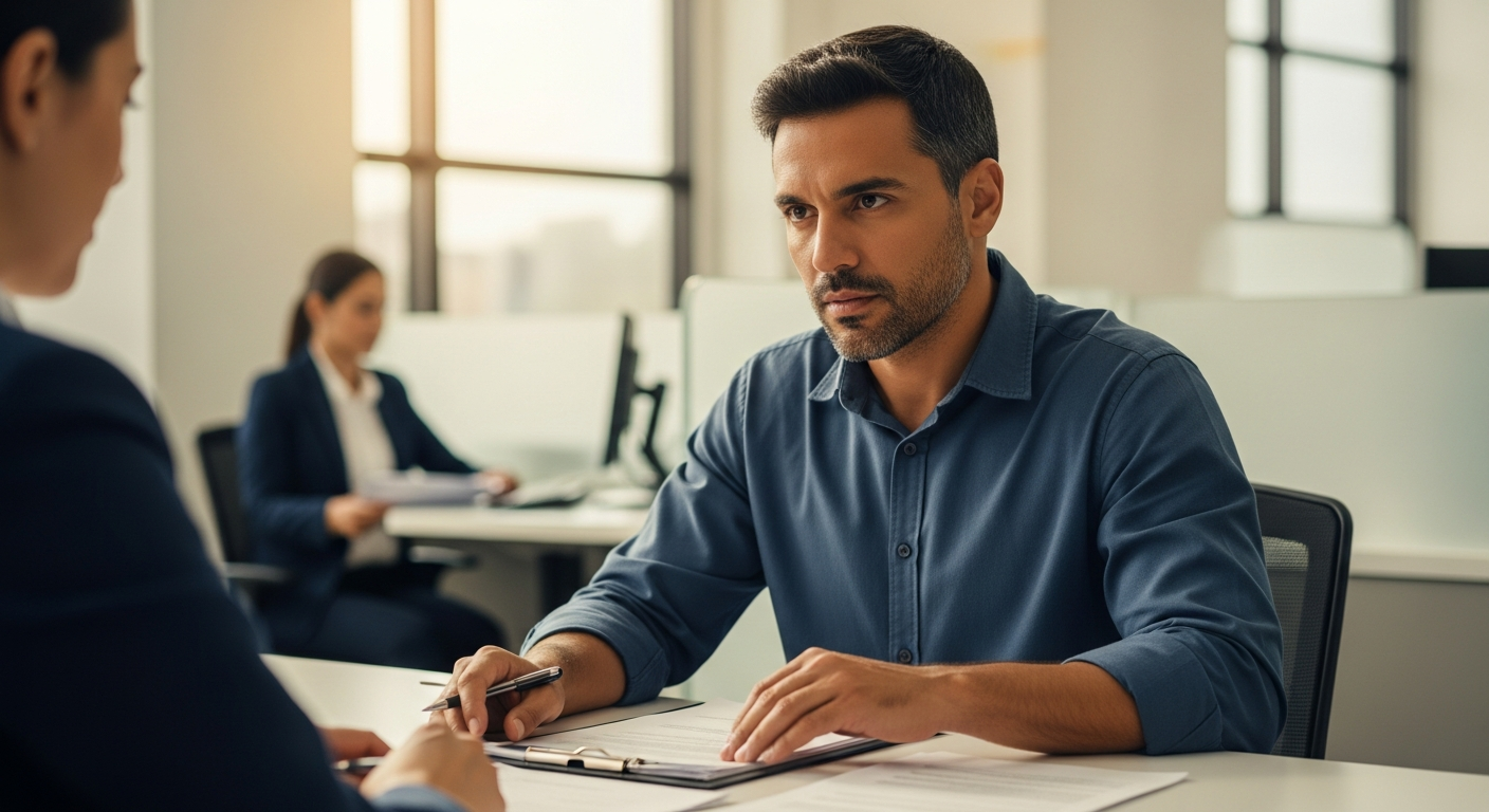Empreendedor brasileiro em reunião com gerente bancário para solicitar crédito empresarial após migrar de MEI
