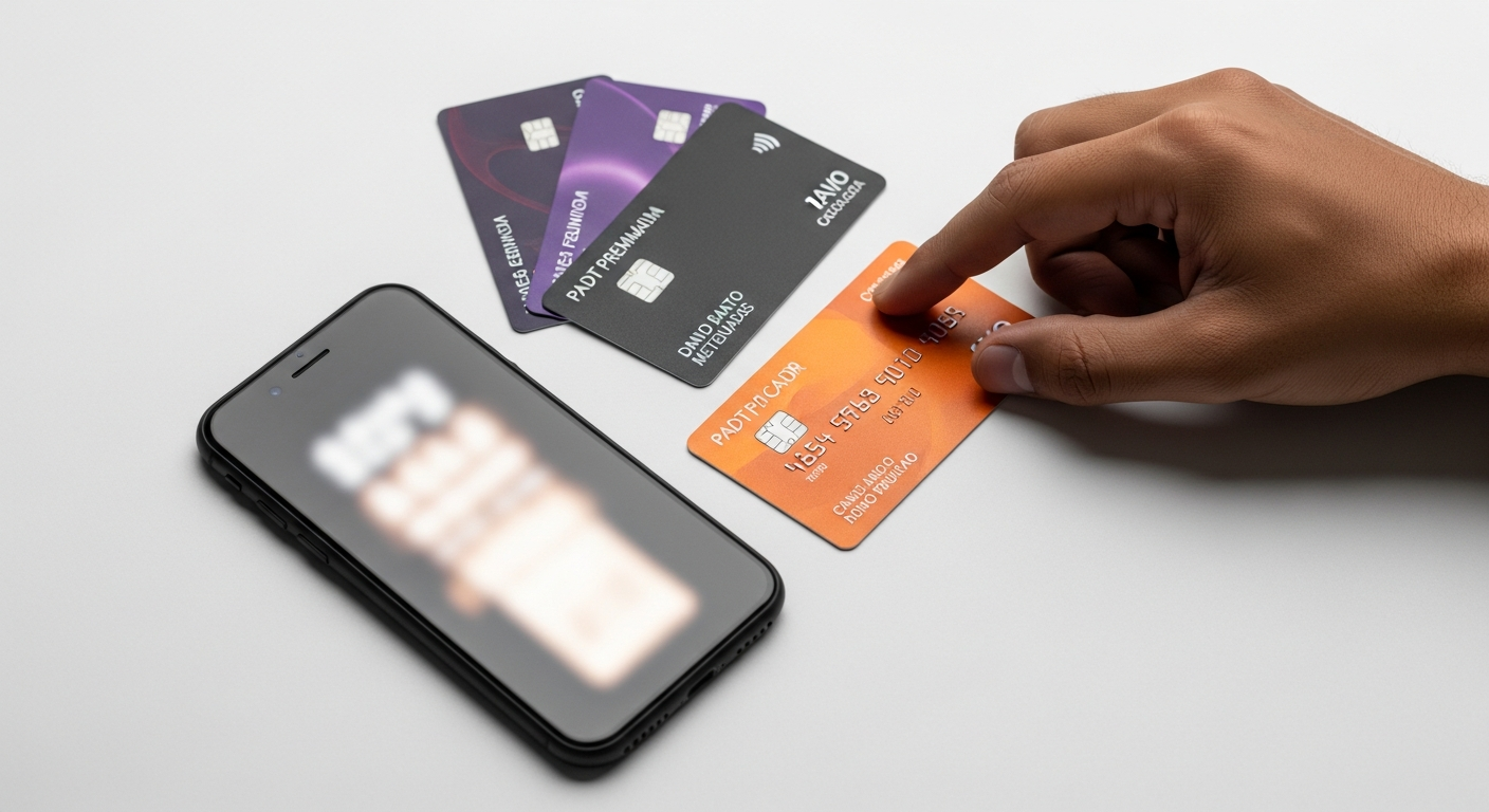 Comparativo de cartões de bancos digitais dispostos em leque sobre mesa com smartphone ao lado
