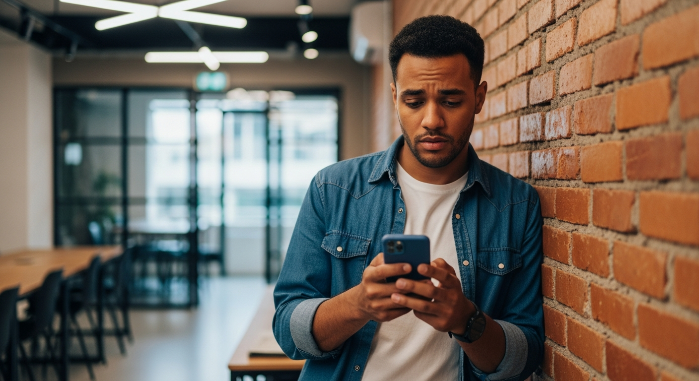 Homem brasileiro frustrado olhando para celular com limite bancário baixo em coworking